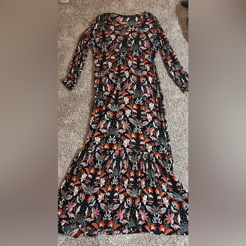 Black Floral Maxi Dress with Orange & Teal Accents